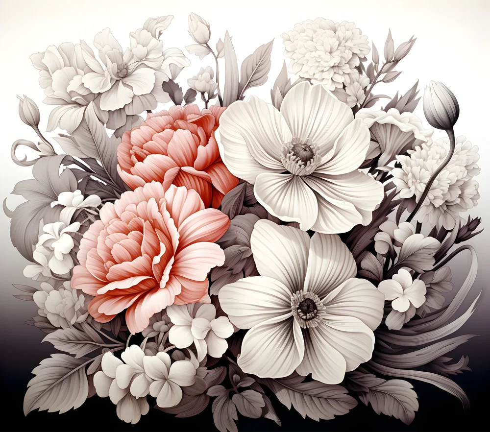 Botanical Floral Bouquet With Coral Peonies