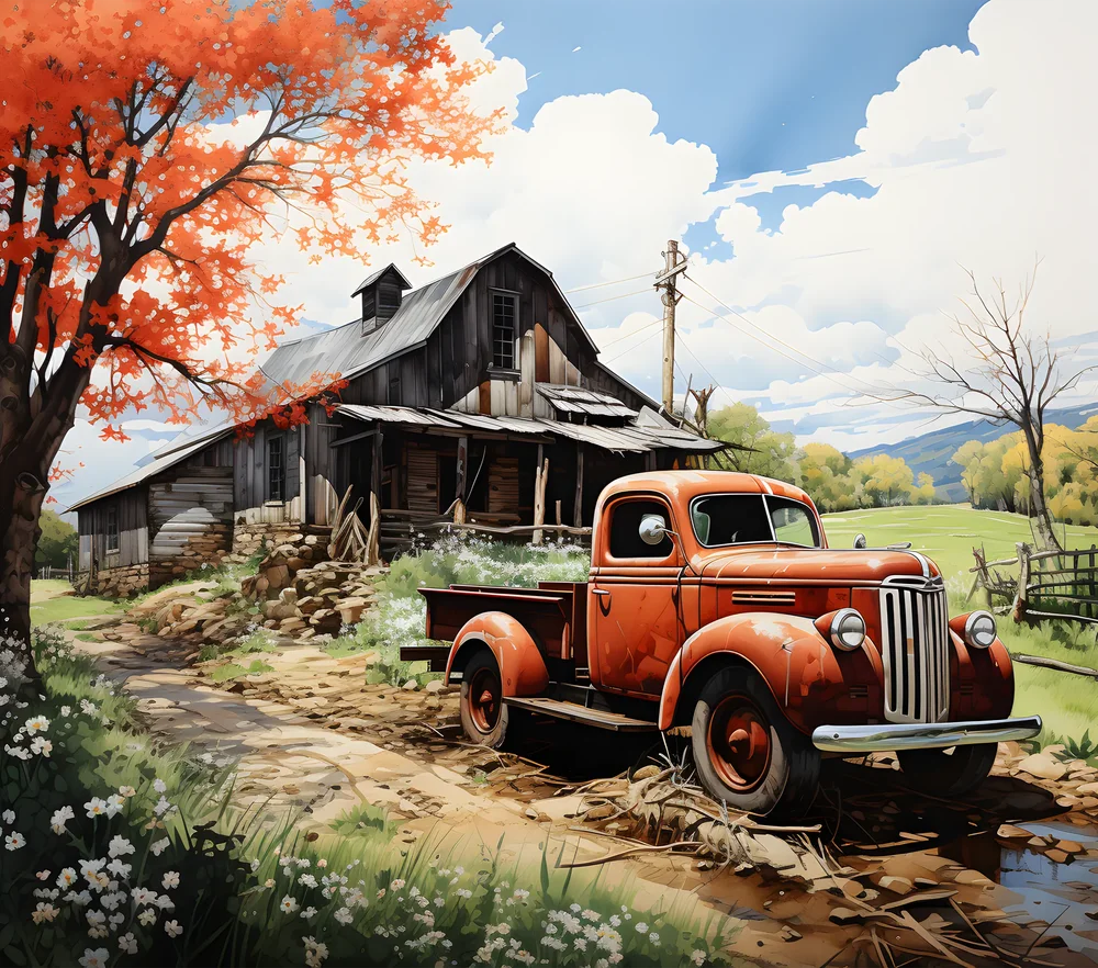 Vintage Truck Autumn Barn Landscape