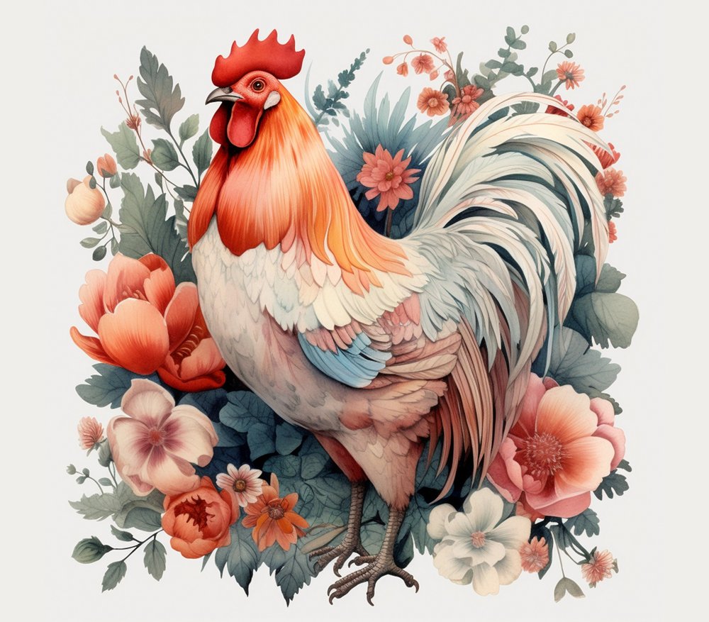 Rooster with Floral Wreath