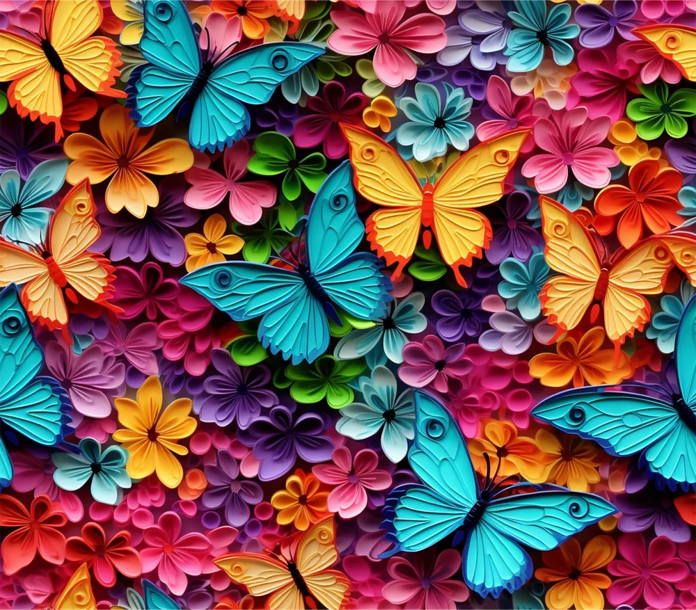 Colorful 3D Butterflies and Flowers