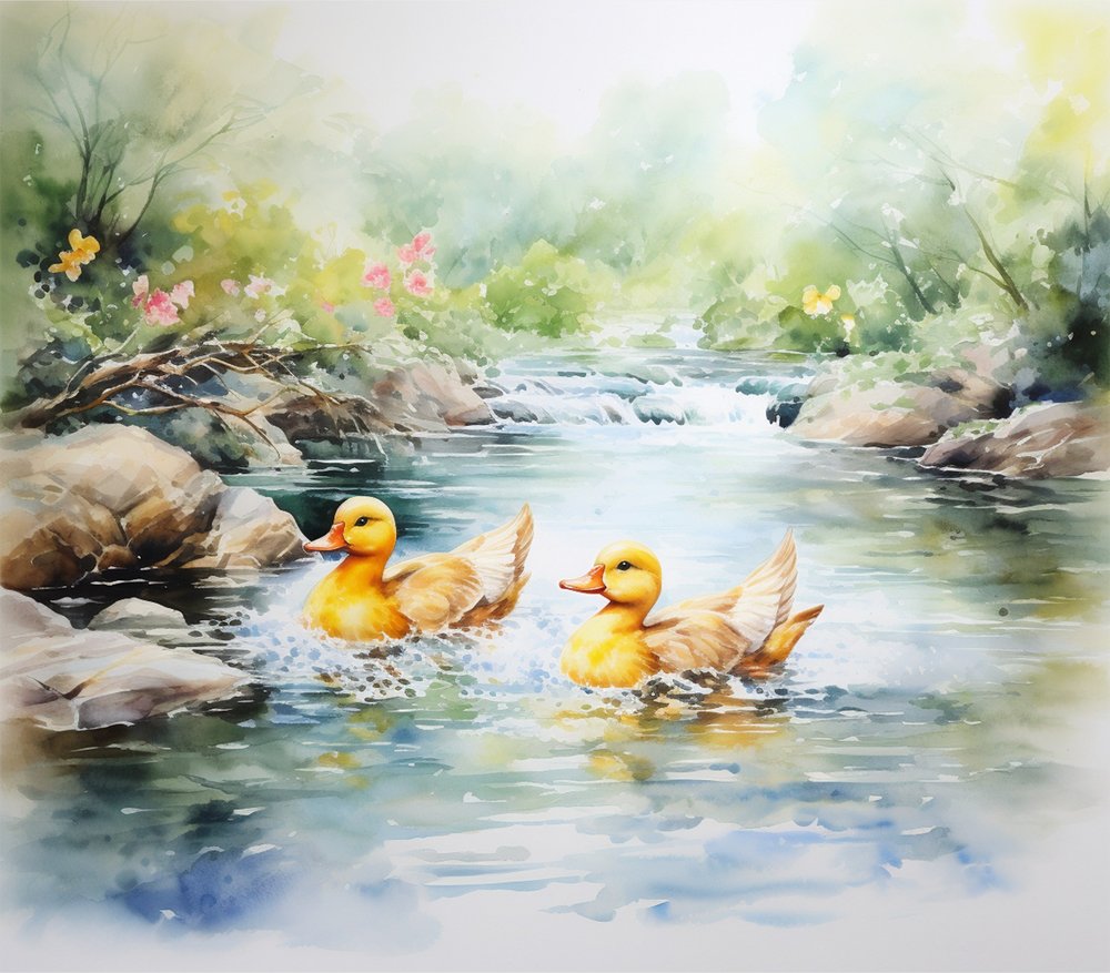 Ducklings in Stream Watercolor