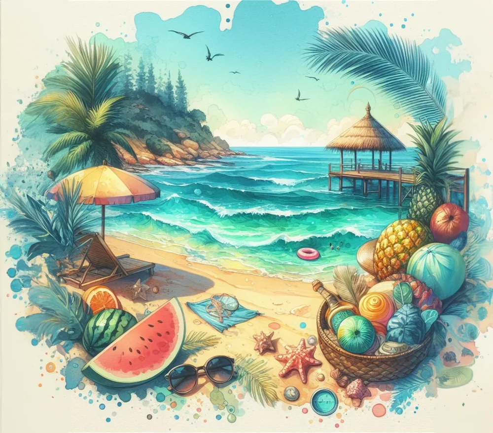 Tropical Beach Paradise Scene — Multicolor Watercolor