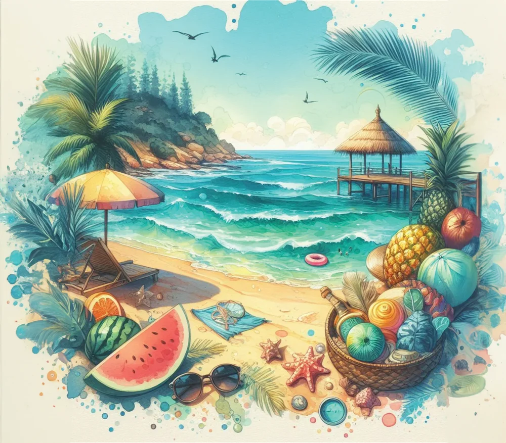 Tropical Beach Paradise Scene — Multicolor Watercolor 2