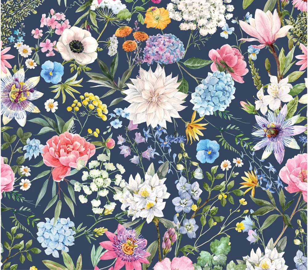 Navy Floral Garden Seamless Pattern — Multicolor Watercolor