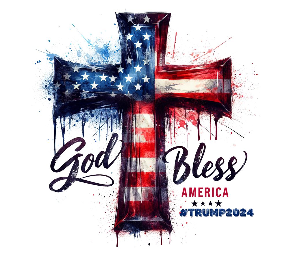God Bless America Patriotic Cross — White Watercolor