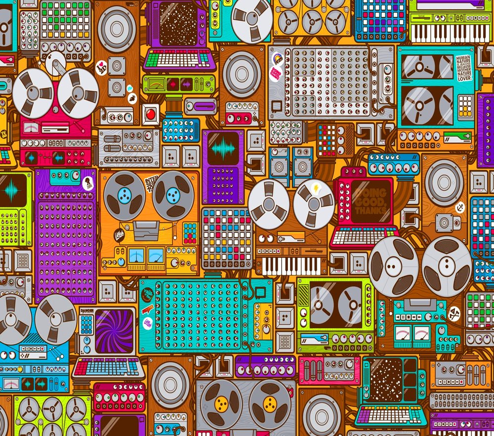 Retro Music Studio Equipment Collage