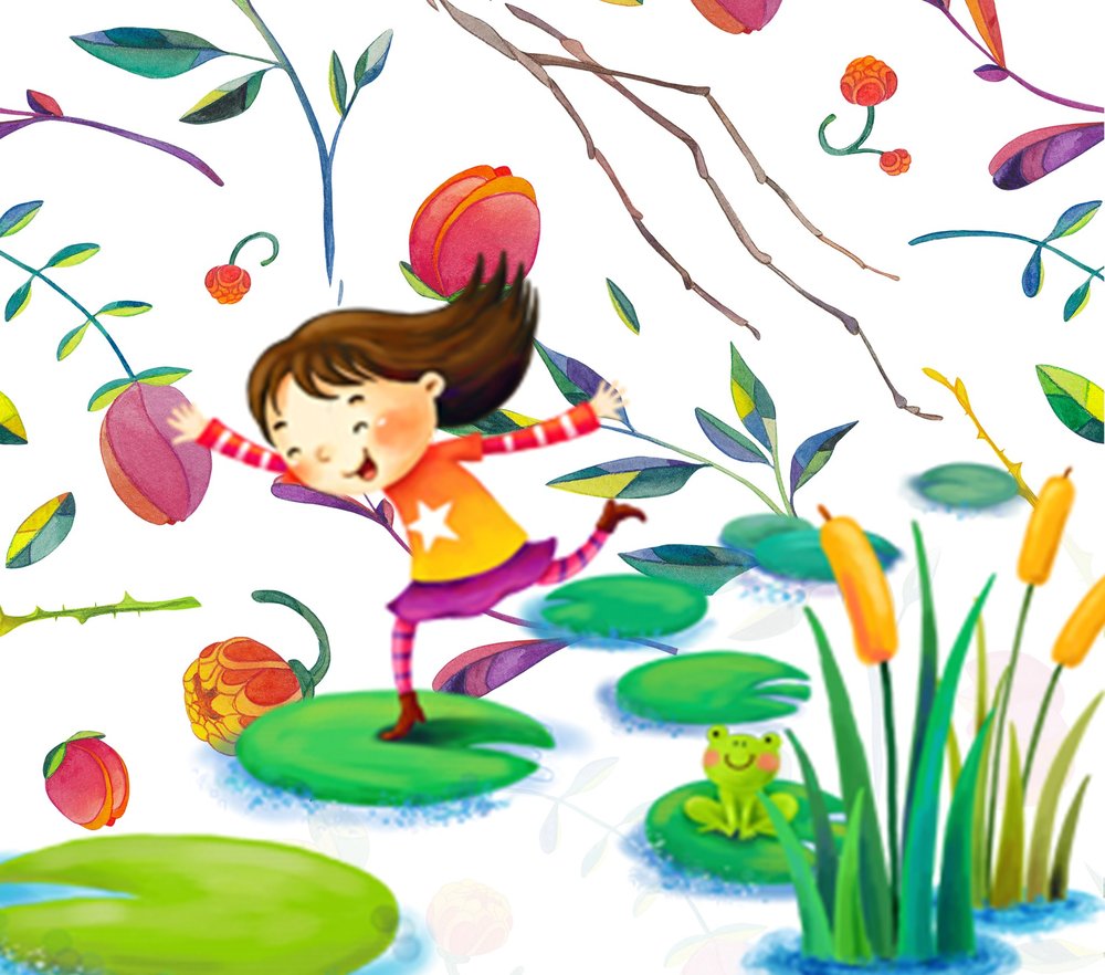Girl Jumping on Lily Pads