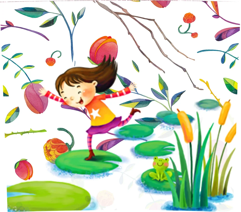 Girl Jumping Lily Pads Garden