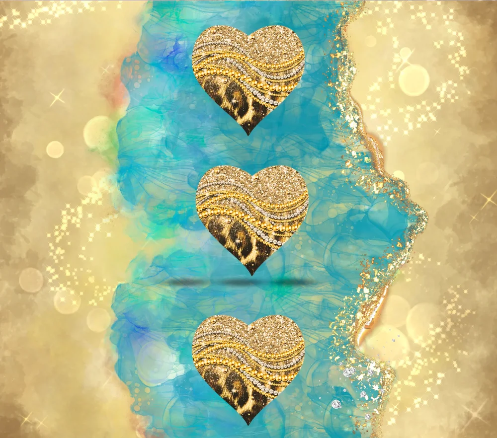 Sparkly Gold Hearts Turquoise
