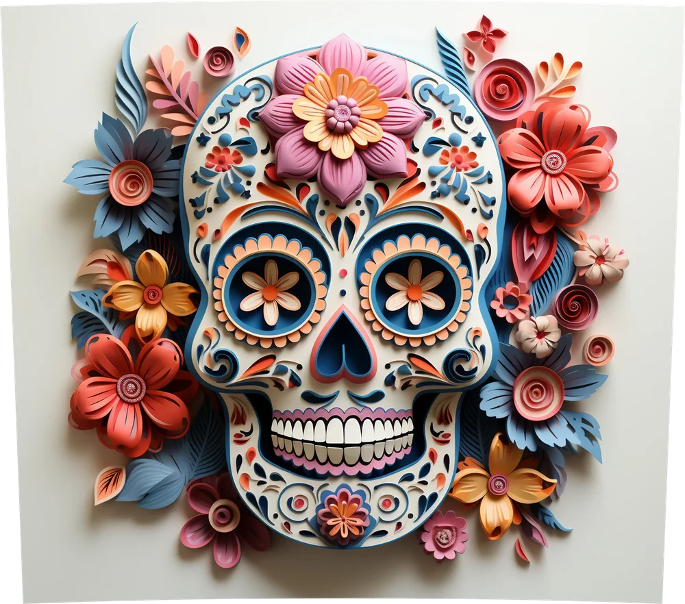 Colorful Floral Sugar Skull — Multicolor 3D Paper-Cut