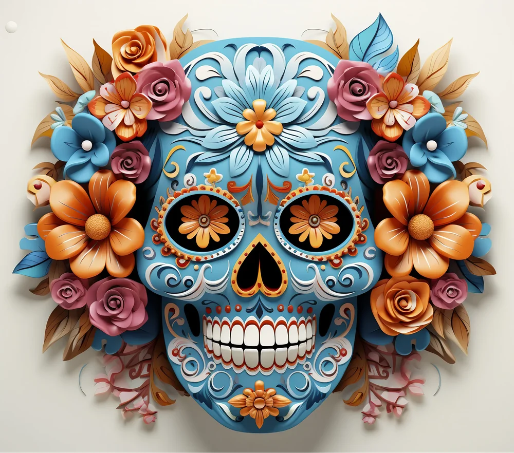 Blue Sugar Skull Floral — Multicolor 3D