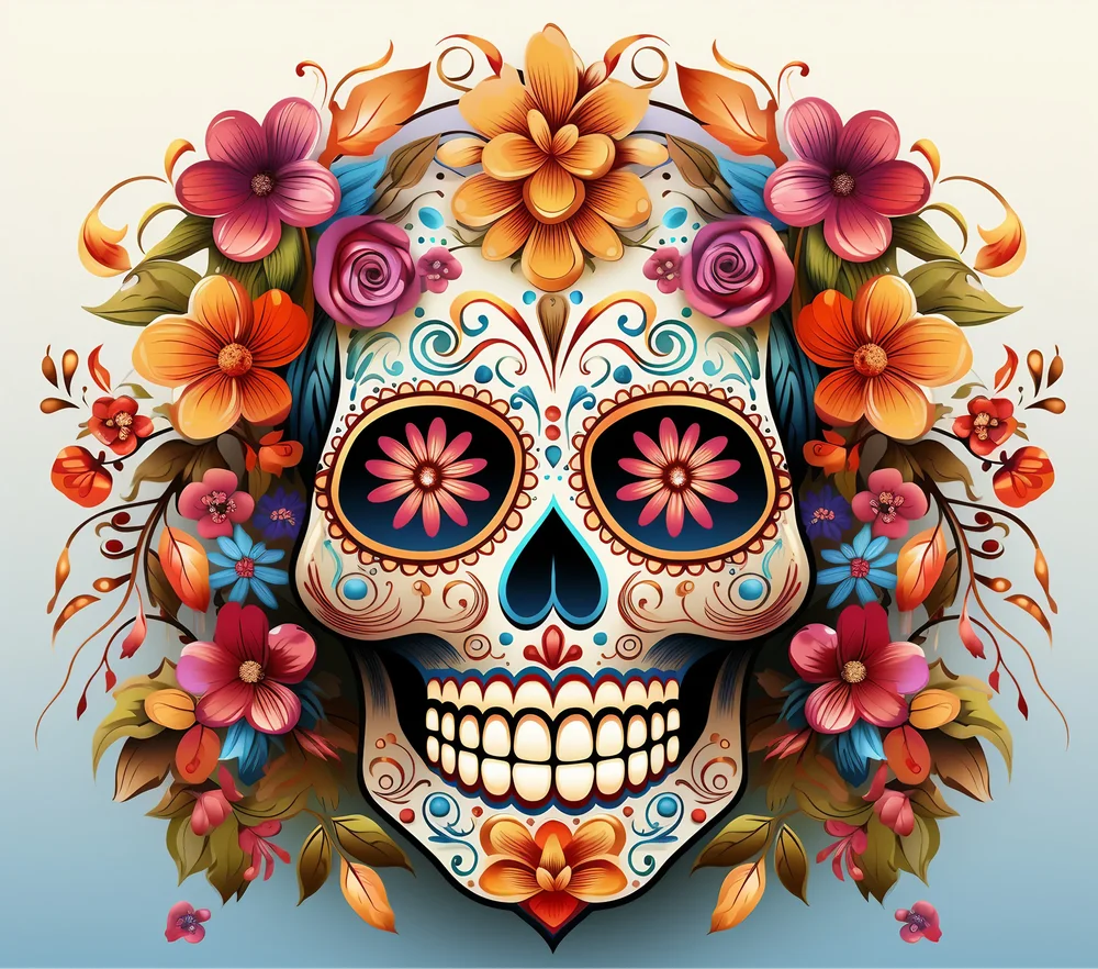 Colorful Sugar Skull With Flowers — Multicolor Ornate
