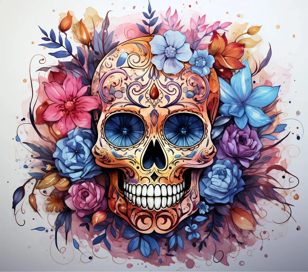 Floral Sugar Skull Illustration — Multicolor Watercolor 2
