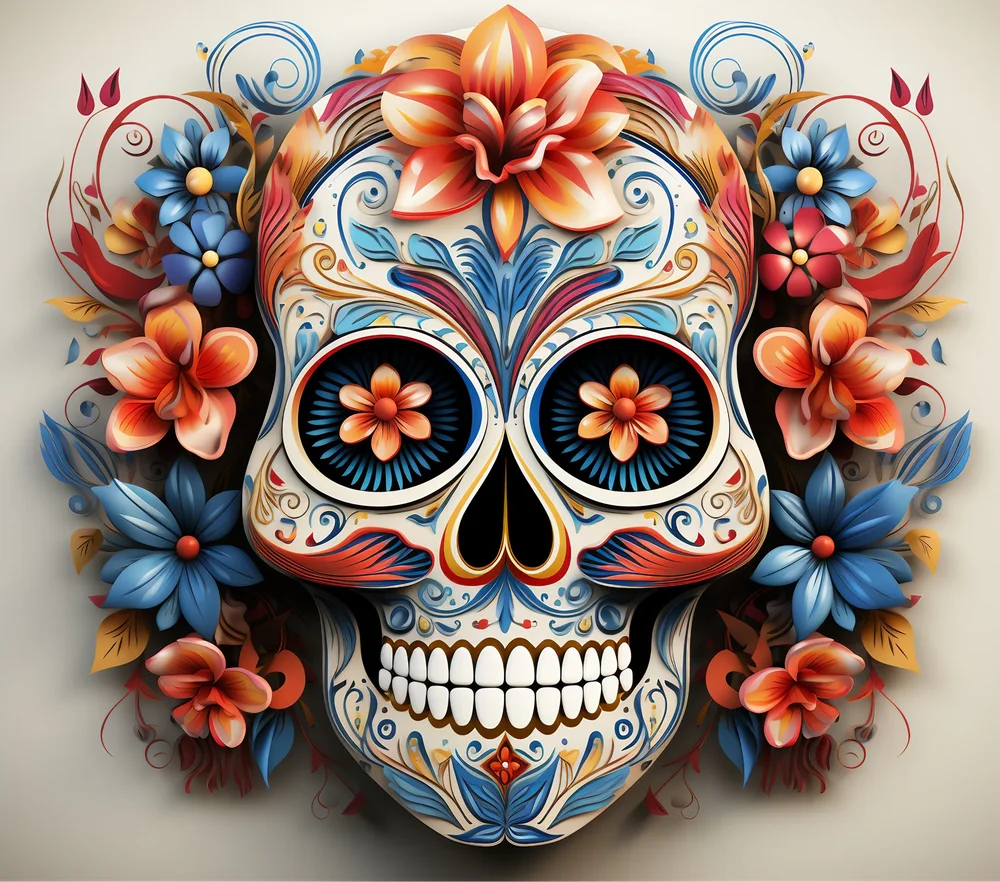 Colorful Sugar Skull With Flowers — Multicolor Ornate 2