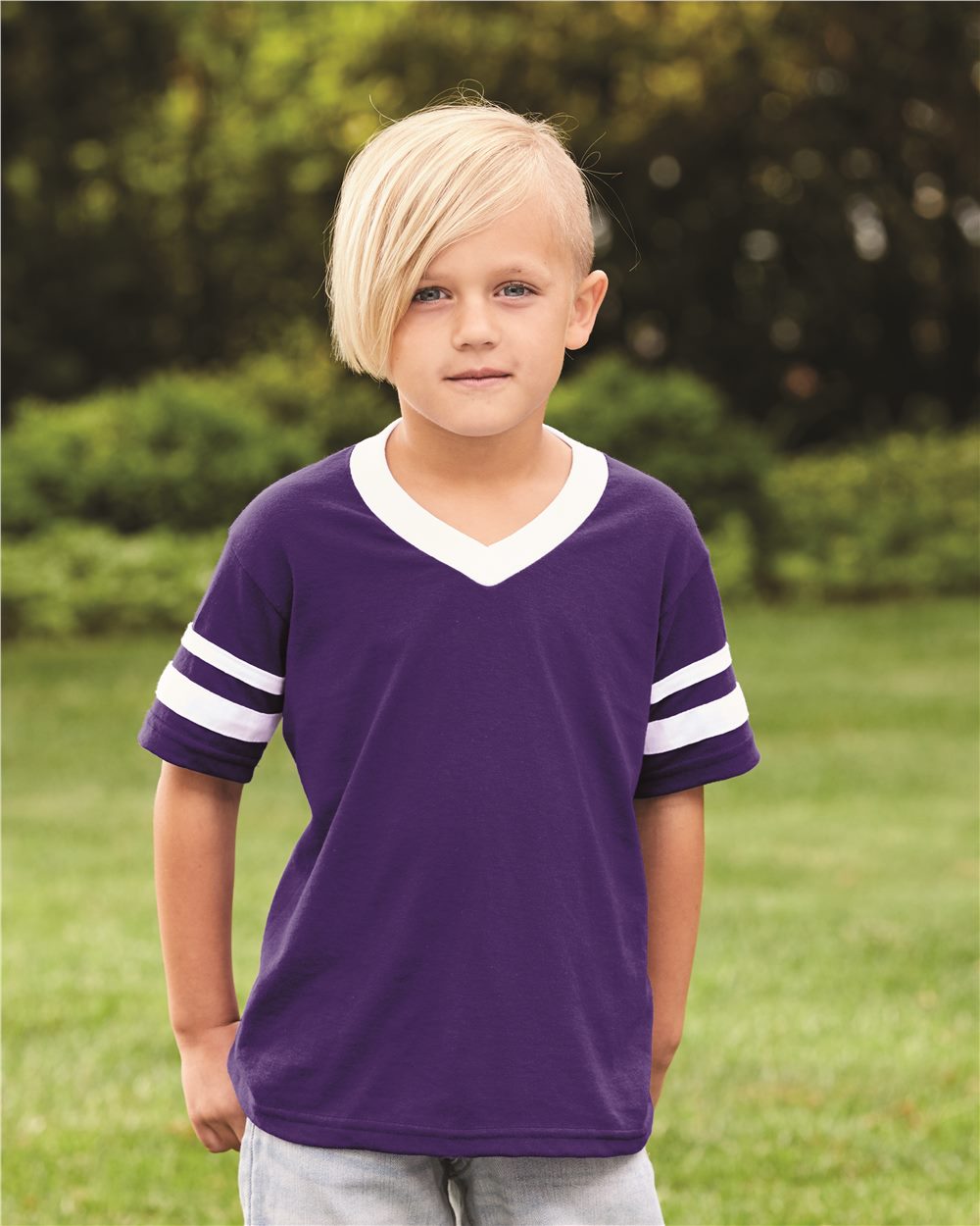 Youth V-Neck Jersey with Striped Sleeves
