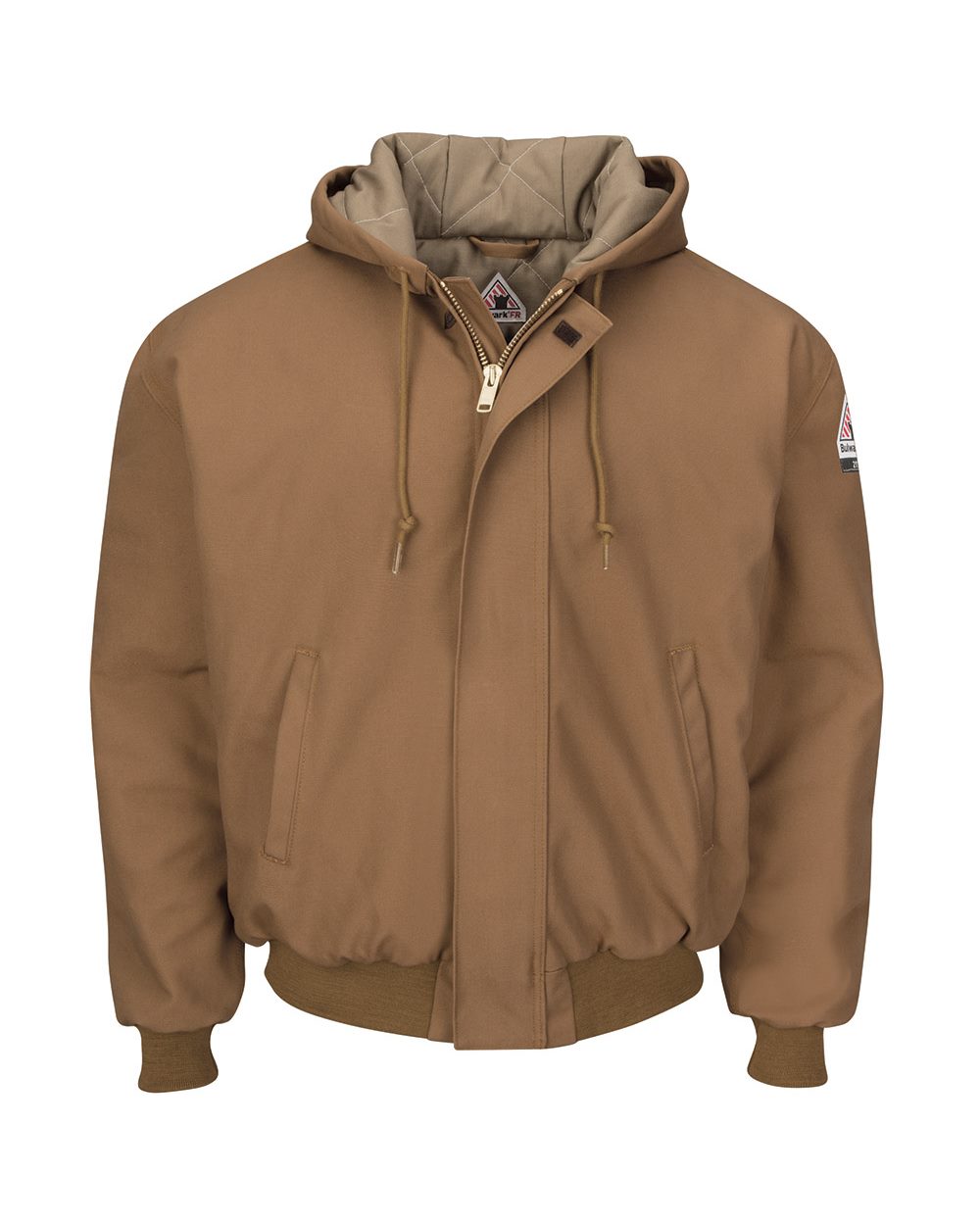 Men's Insulated Brown Duck Hooded Jacket with Knit Trim